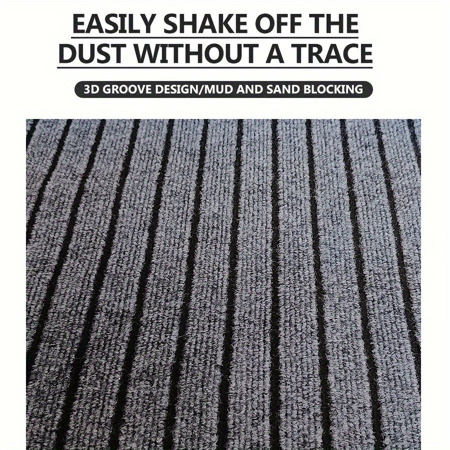 Household mat in gray stripes, designed to prevent slipping and repel dust and stains. Suitable for indoor, kitchen, and bedroom use. Can be cut to size with options available in various dimensions (101.6cm x 152.4cm, 127.0cm x 203.2cm, 114.3cm x 3.05m