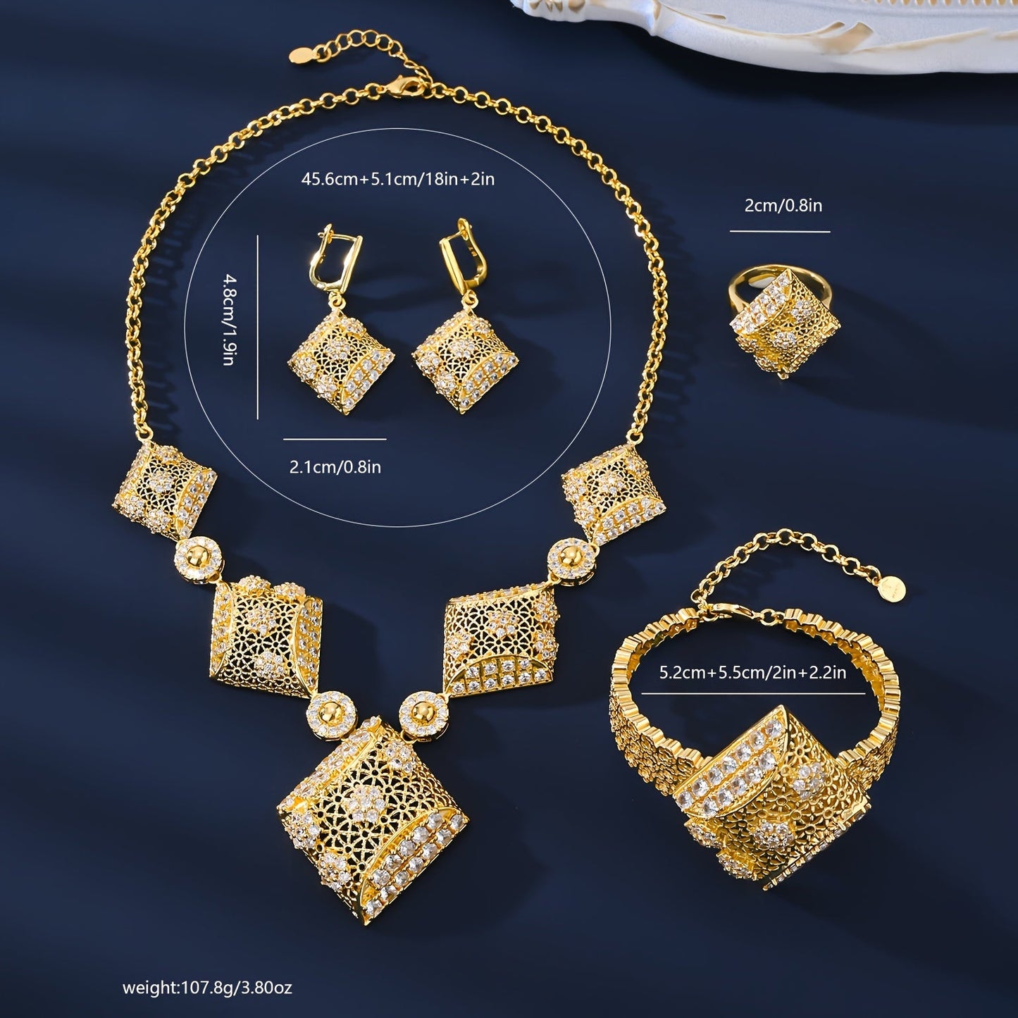 Indulge in Opulence with the MEIZ Luxury Bohemian Jewelry Set - 18K Golden Plated Copper adorned with Natural Zirconia Stones. Perfect for Daily Wear or Special Gifts for Women, this versatile Earrings, Necklace, and Ring Set is inspired by a Holiday