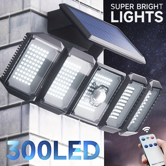 Solar Outdoor Security Light with Motion Sensor and 300 LED Flood Lights, 3 Modes, Foldable, Remote Control, Detachable Sconce, Plastic Shade, Solar Powered with Lithium Battery. Ideal for