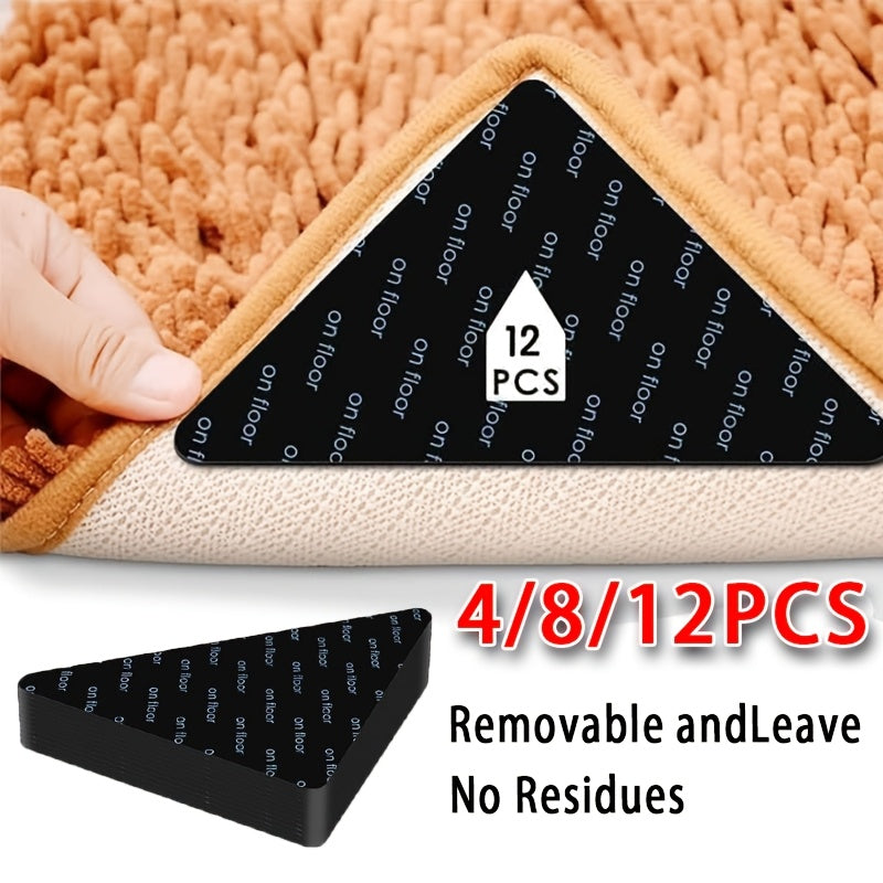 4/8/12 piece set of large, washable anti-slip carpet mats designed for use on hardwood flooring. Made from durable PET material, these double-sided adhesive mats are perfect for home decoration and will prevent slipping on both hardwood flooring and