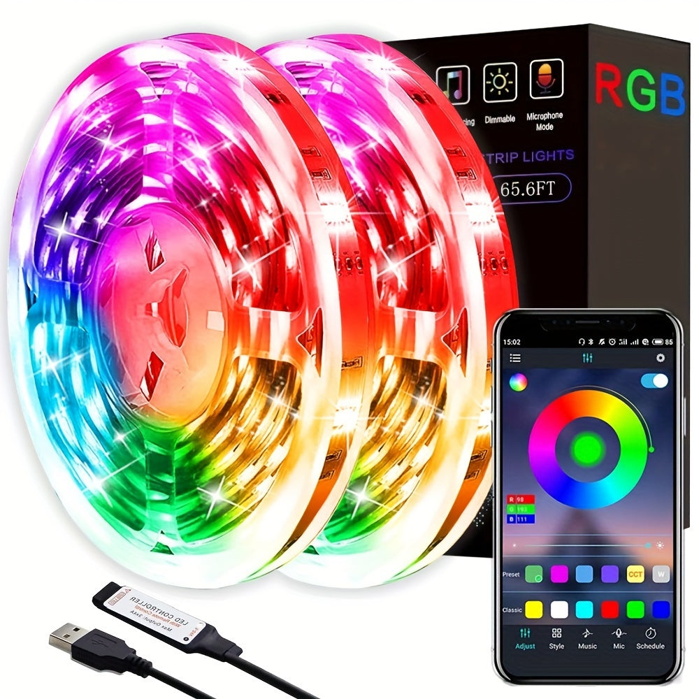 Intelligent RGB LED strip lights powered by USB, featuring music synchronization, app control, customizable modes, timer function - ideal for home decoration and creating a festive