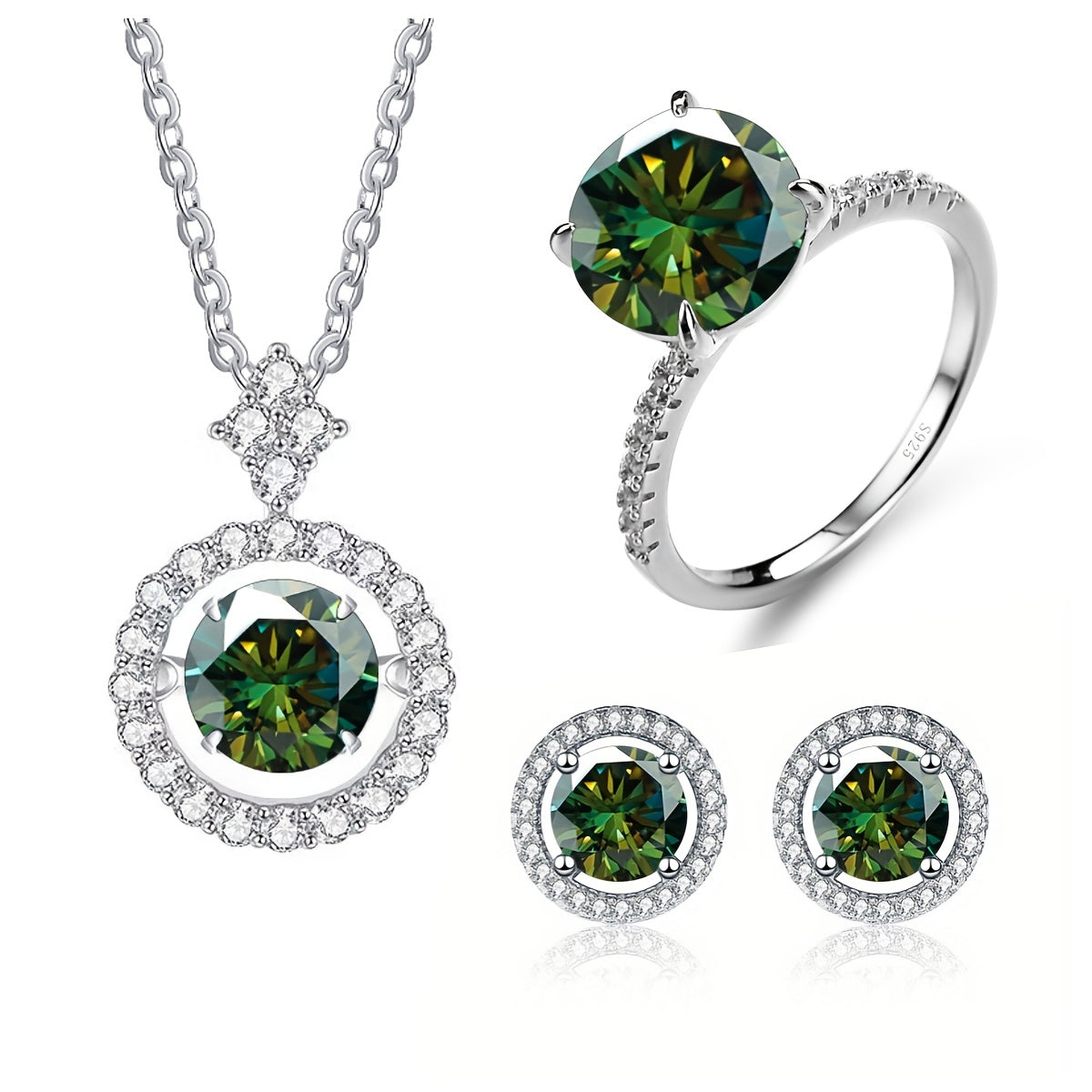 Set of 4 Moissanite Earrings (1ct each)*2, 1ct Moissanite Ring, and 3ct Moissanite Necklace in 925 Sterling Silver. Available in Multiple Colors with Gift Box