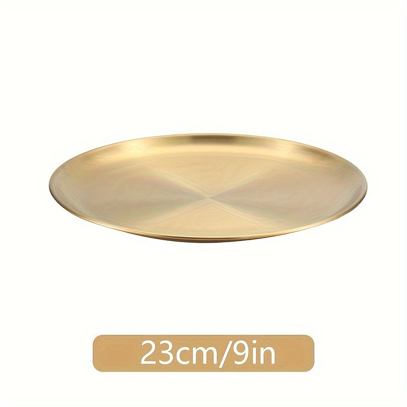 1pc Stainless Steel Dinner Plate for kitchen, restaurant, party use. Can be used as a fruit plate, meat plate, cake plate, dessert plate, or round plate.