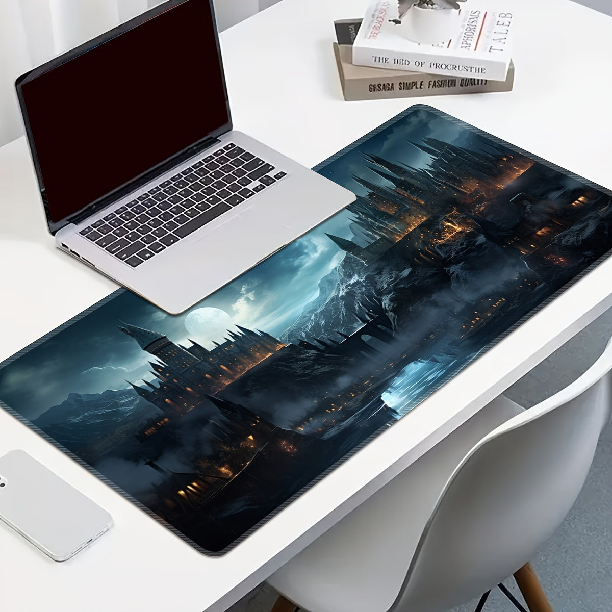 Castle Night Large Extended Gaming Mouse Pad made of rubber material with non-slip washable desk mat and precision edge stitching, ideal for gifting.