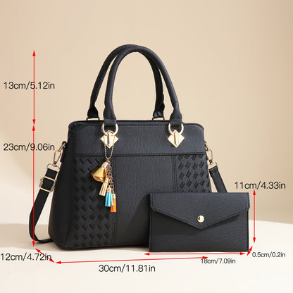 Stylish women's handbag set with black tote, removable strap, zipper closure, clutch, and fashionable shoulder bag. Perfect gift for Mother's Day and Easter.