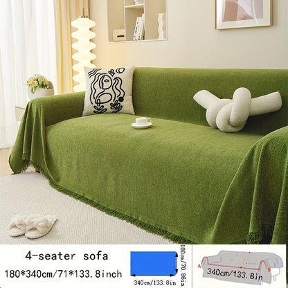 Contemporary chenille sofa throw, waterproof baby fleece cover, universal fit for all-season use. Features tassel embellishment and is machine washable. Made of 100% polyester, suitable for various furniture sizes in different rooms.