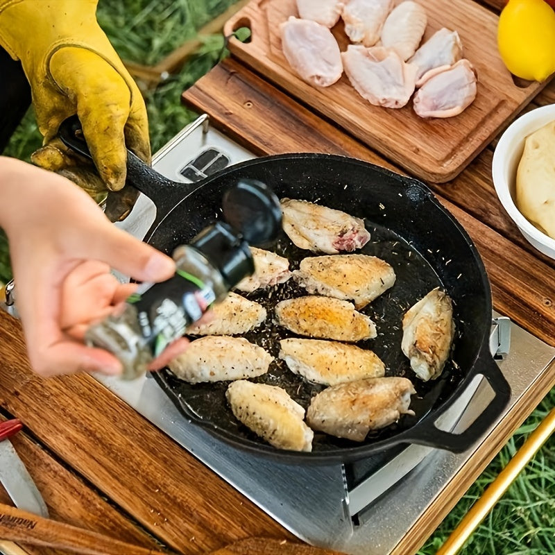 12-inch one-piece cast iron frying pan with a thickened design, featuring a flat bottom and no coating, perfect for frying and baking.