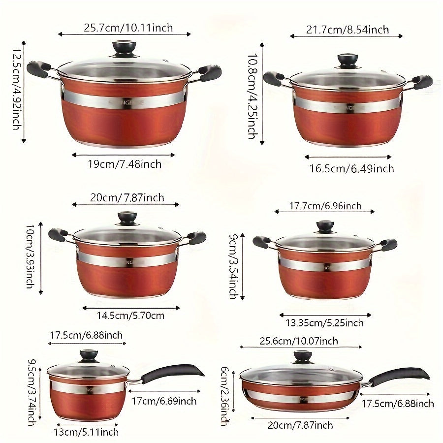 This set includes 12 pieces of stainless steel cookware: 4 pots, 1 frying pan, 1 milk pot, and 6 lids. The pots have a thickened composite bottom for uniform and fast heat conduction. They are suitable for use at home, in accommodations, while dining, or