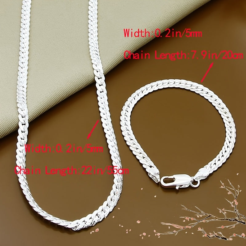 925 Sterling Silver Fashion Jewelry Set, Hip Hop Style, Includes 5mm Full Side Chain Necklace and Bracelet, Ideal for Casual Parties and Weddings