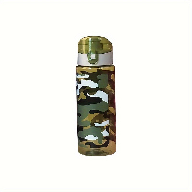 Camouflage sports water bottle, 600ml capacity, ideal for camping, hiking, fitness, and outdoor activities. Suitable as a birthday gift for travel enthusiasts.