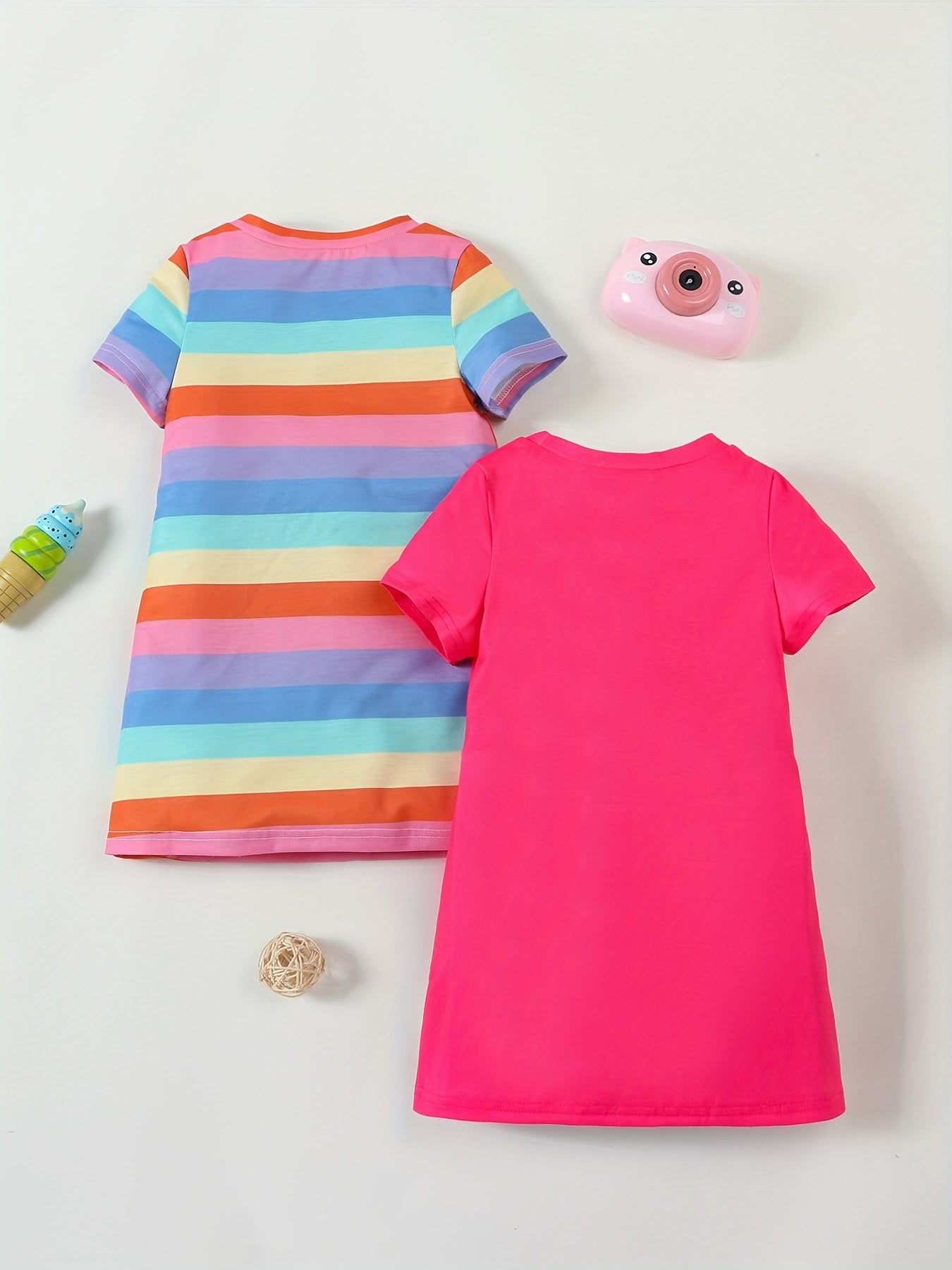 Girls' cat print dress set with round neck and matching t-shirt, ideal for summer casual wear