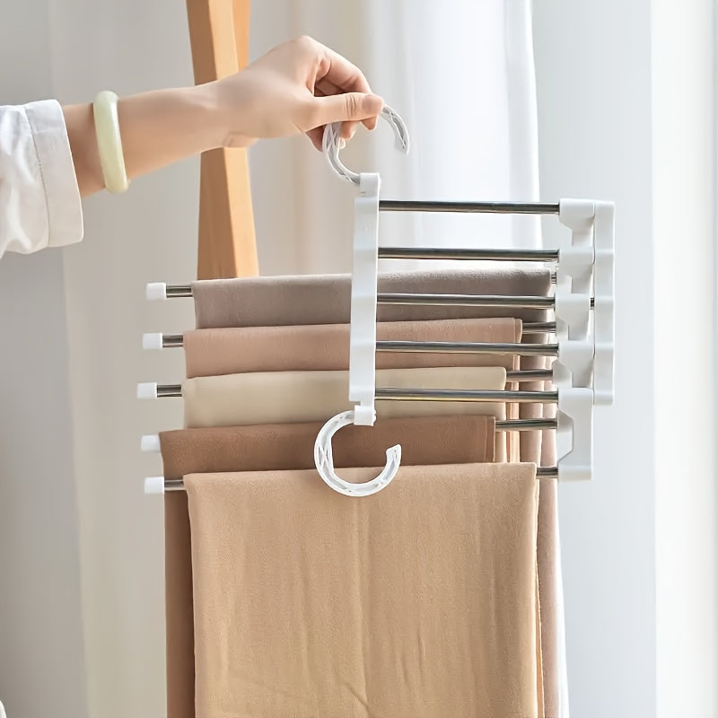 1 Stainless steel trouser hanger with 9 layers, anti-slip coating, 5 hooks; saves space and reduces clutter by 80% for tights, jeans, etc.