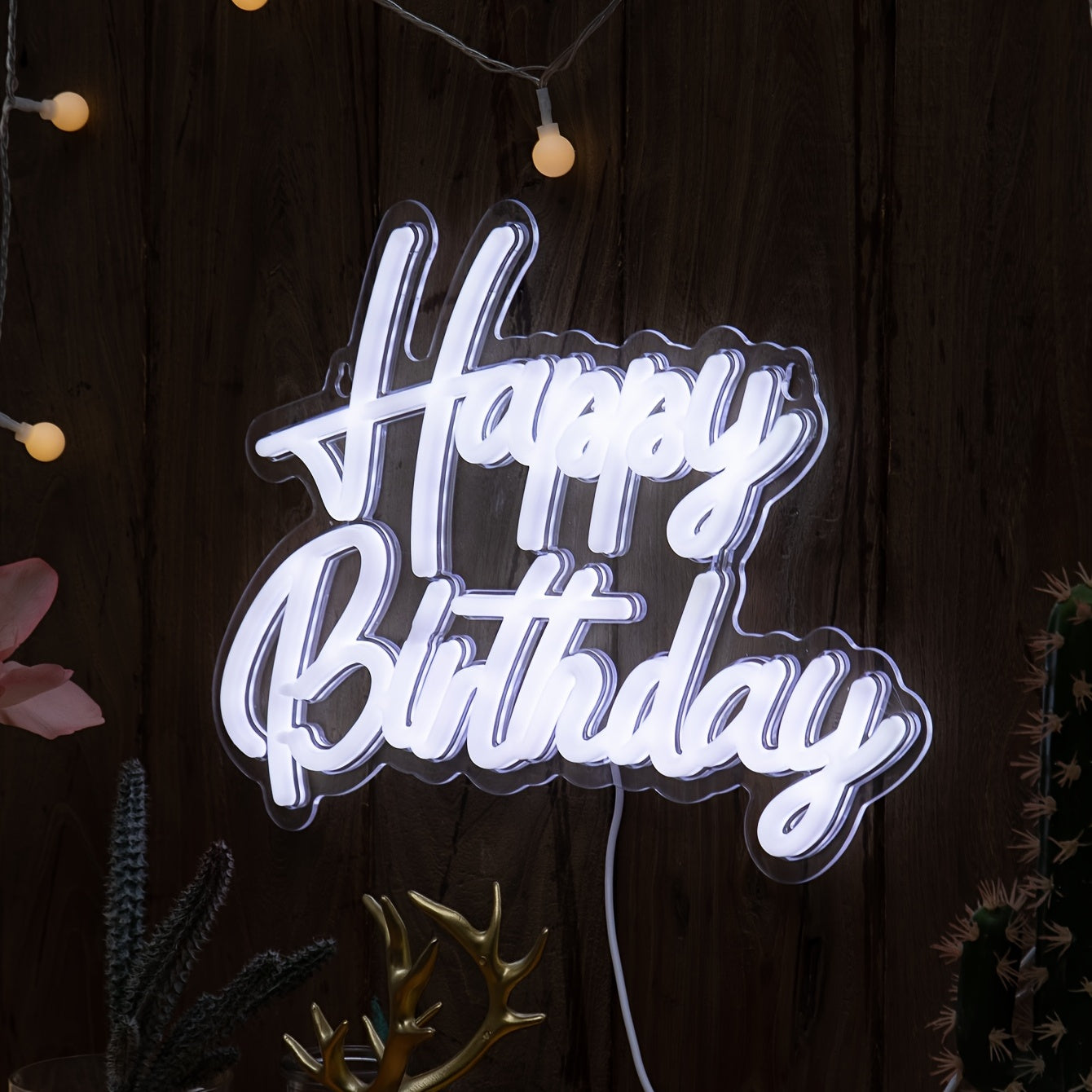 Happy Birthday Neon Sign; USB-powered plastic wall light with switch control, perfect for birthday party decor.