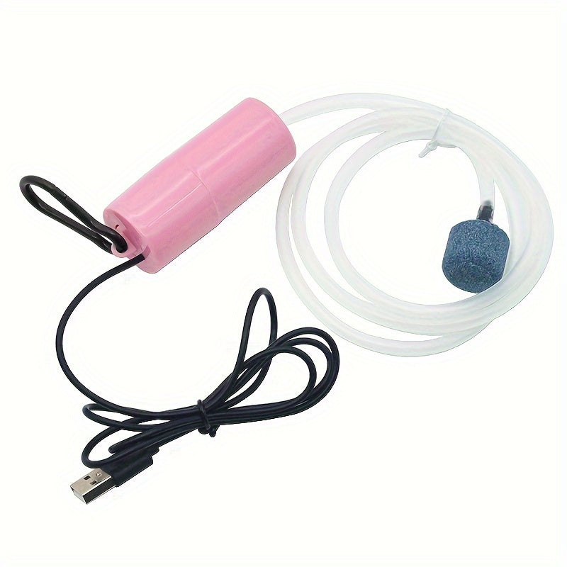 Compact USB aquarium air pump with air stone for fish tanks, available in multiple colors.