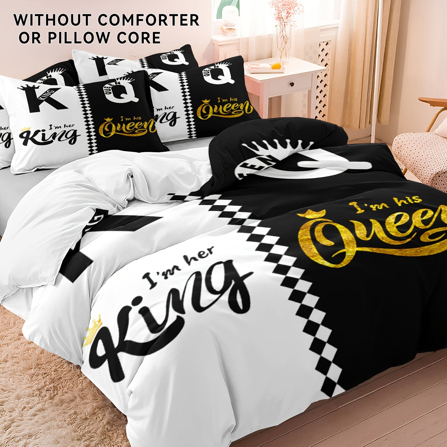 King & Queen Crown 3pcs Duvet Cover Set - Soft Breathable Polyester, Zipper Closure - Includes 1 Duvet Cover & 2 Pillowcases, Machine Washable, Digital Print