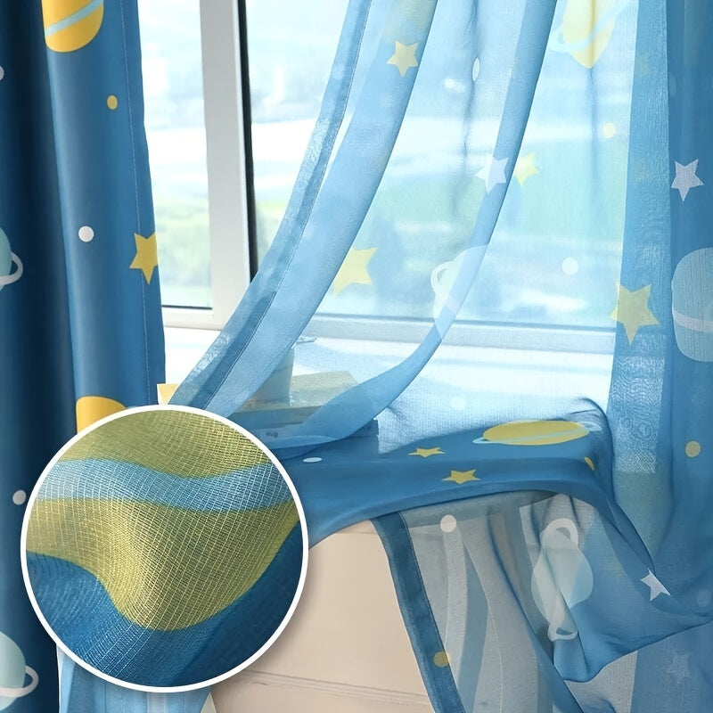 Blue cartoon kids curtain with star and planet print, ideal for boys' room decor. Grommet top design adds a dreamy touch to the window.