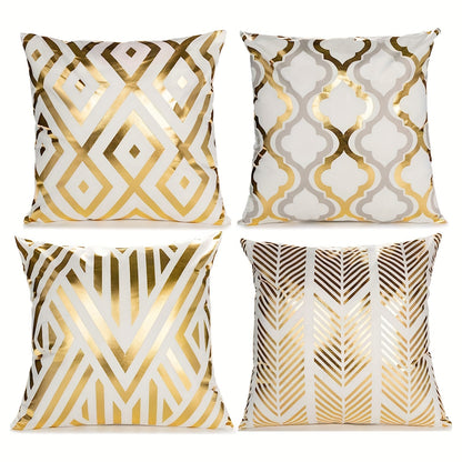 4 golden foil geometric throw pillow covers for decorating your home, room, bedroom, living room, car, or sofa.