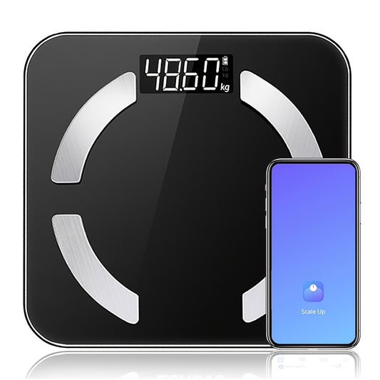 Digital bathroom scale with LCD display, 181.44 KG capacity, body analysis, muscle & moisture, mobile app connectivity, battery powered (batteries not included).