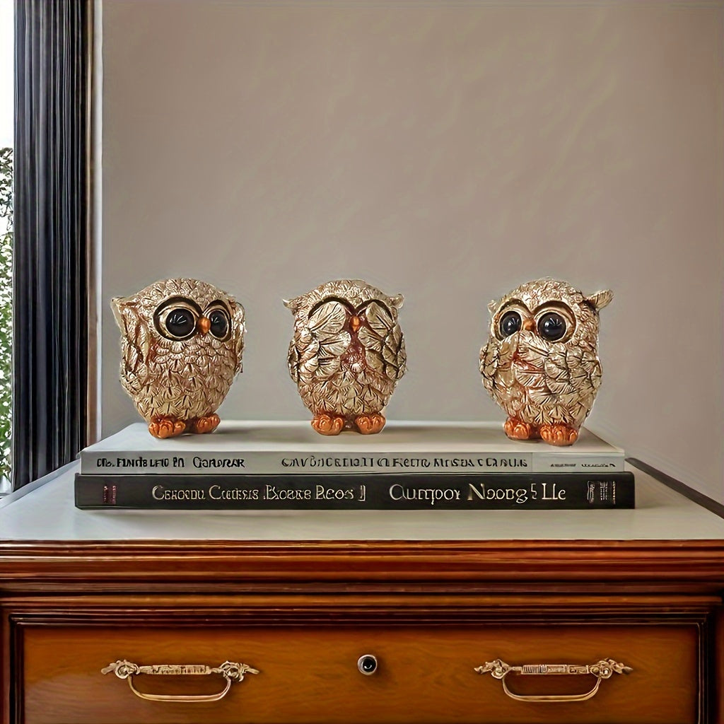 3 European-style owl figurines crafted from resin for indoor decoration in living rooms, offices, and home decor - versatile and no need for electricity.