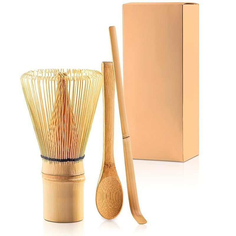 Traditional handmade starter kit includes a set of 3 pieces: matcha whisk, scoop, and spoon for whisking matcha tea. Kit includes a whisk (chasen), scoop (chashaku), and spoon.