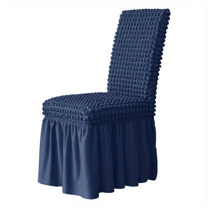 1 Seersucker dining chair slipcover with skirt, non-slip design. Protects furniture in various settings.