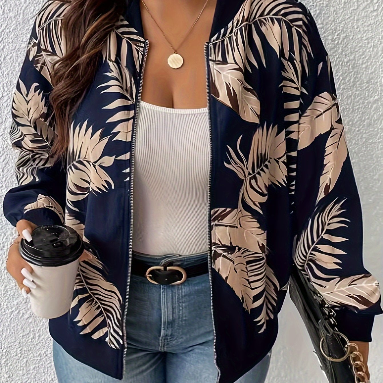 Floral Full Zipper Jacket for Fall & Winter, Plus Size Women's Clothing