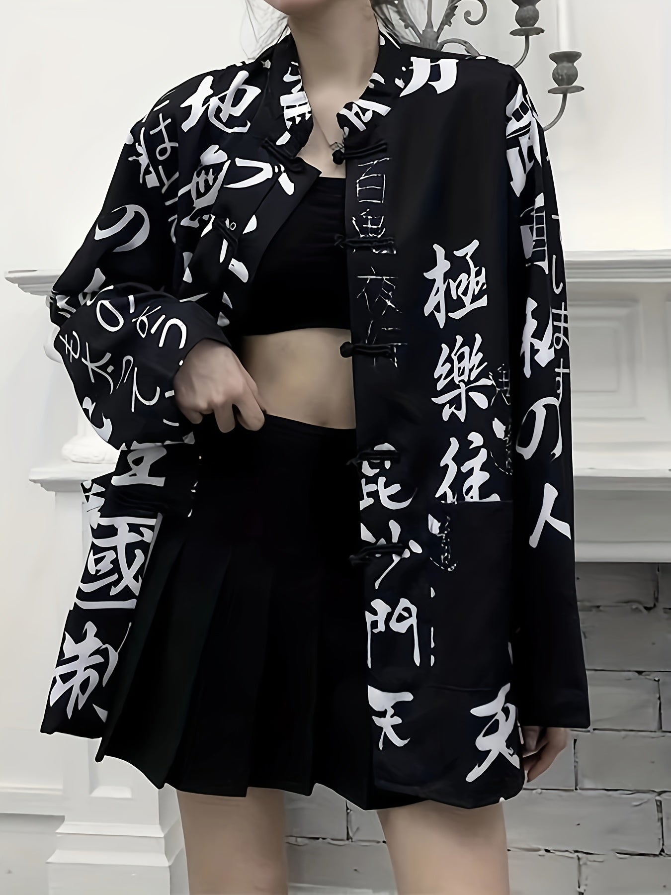 Vintage Chinese Style Kimono Blouse with Pockets - Long Sleeve, Button-Up, Black & White Japanese Letter Print, Polyester Blend for Women, Great for Spring & Fall Festivals.