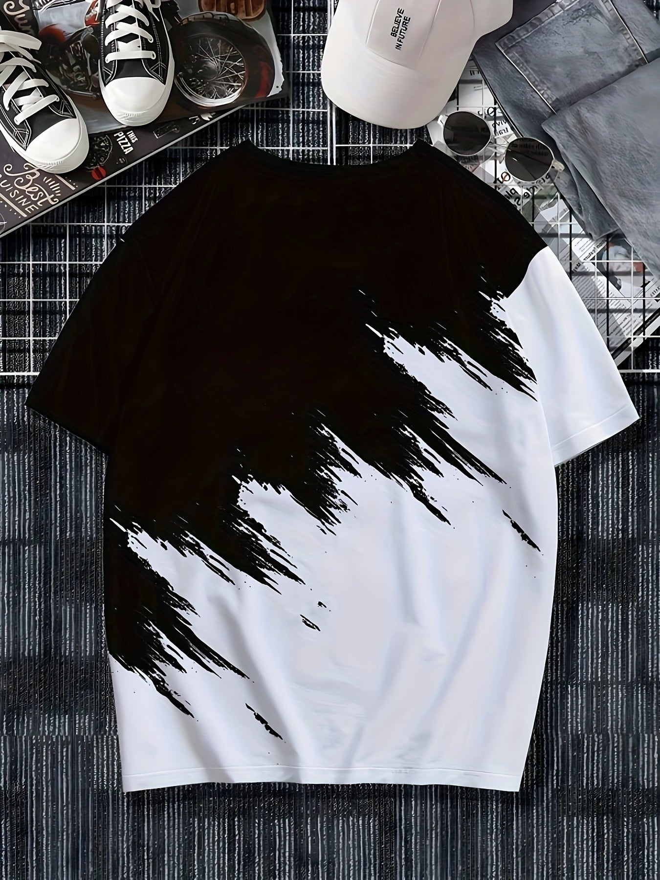 Casual crew neck t-shirt for men with geometric print, made from soft polyester knit fabric that is non-transparent.