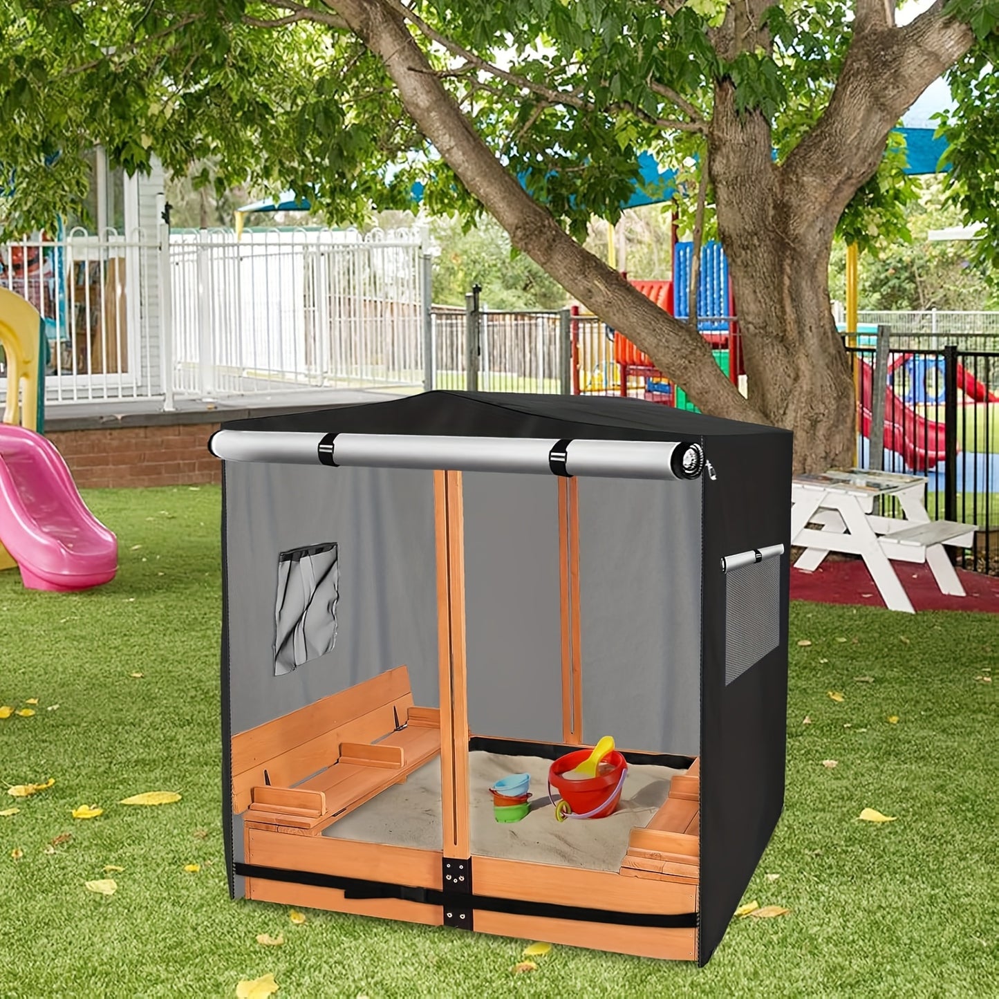 UV-resistant waterproof wooden sandbox cover with canopy and foldable chair, suitable for kids, without frame.