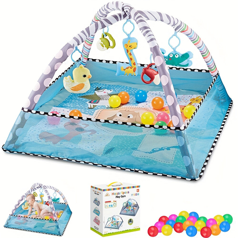 Large Activity Center with 5 interactive sensory dolls, 20 ocean balls, and a durable washable play mat for tummy time activities.