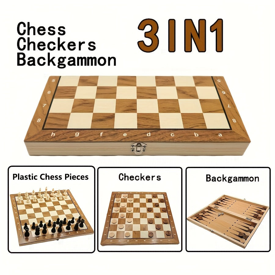 1pc 3-in-1 wooden chess board game for adults, includes backgammon and checkers.