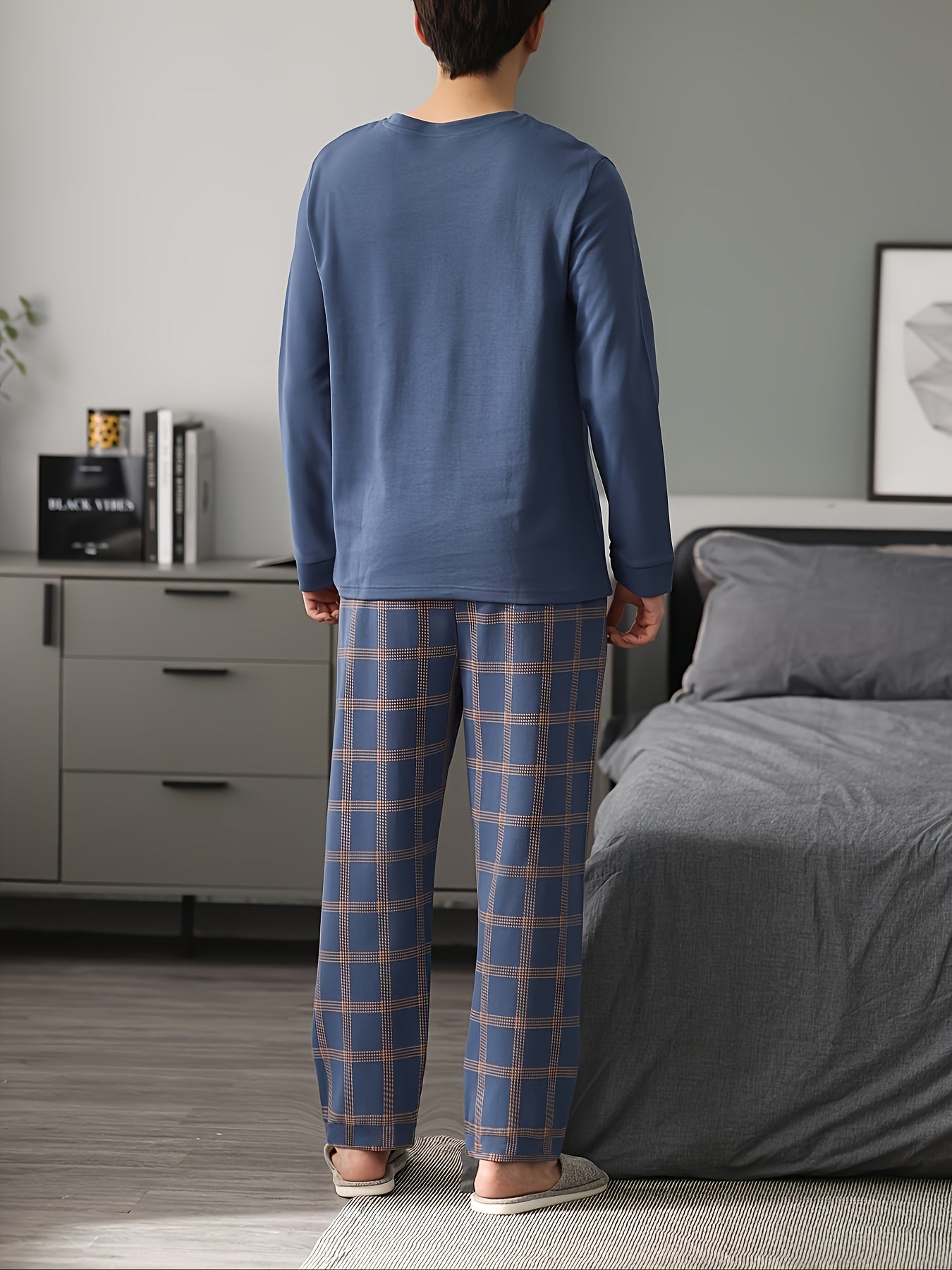 Checkered pajama set with long sleeves, crew neck T-shirt, shorts, and loungewear sleepwear for men.