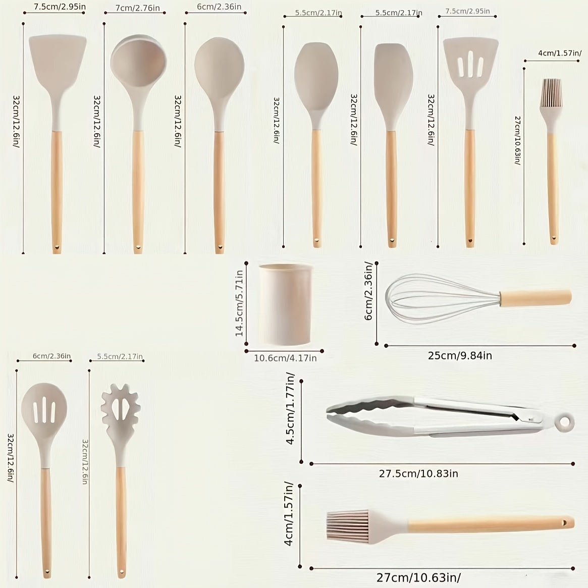 12-шт. набор силиконовых кухонных принадлежностей с деревянными ручками для жарки с антипригарным покрытием, термостойкий, цвета хаки. Включает лопатки, половники, венчики и многое другое. Прочный и легкий в уходе.