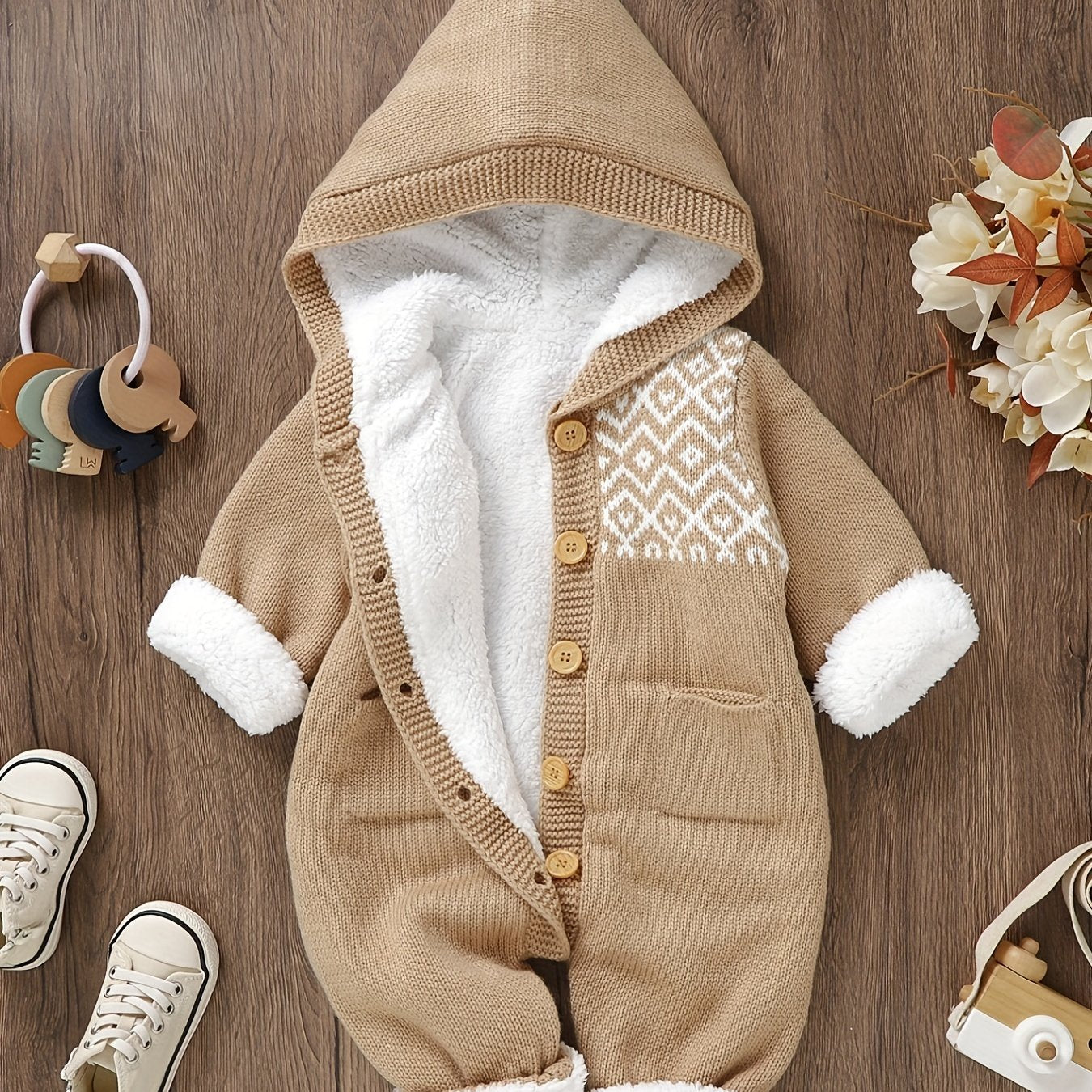 Knitted jumpsuit for newborn boys and girls with long sleeves and hooded pants.