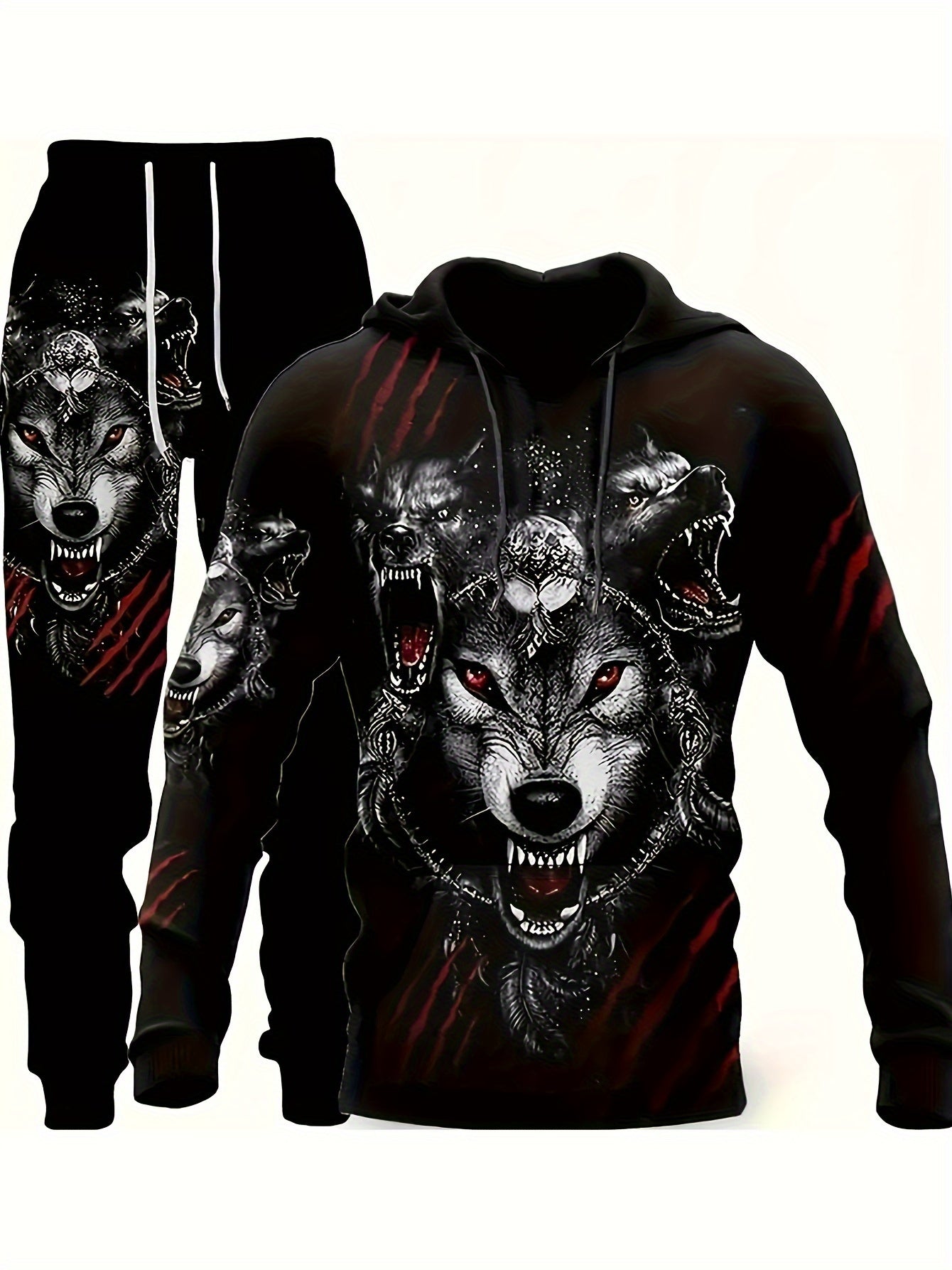 Men's plus size wolf print hooded sweatshirt and pants set, athletic casual style for spring/autumn