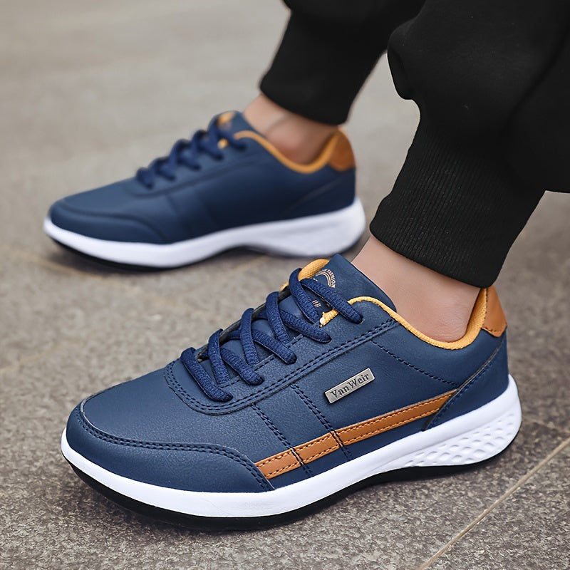 VanWeir men's casual sneakers feature PU upper, MD sole, fabric insole, and navy blue design with white and orange accents, perfect for all seasons.