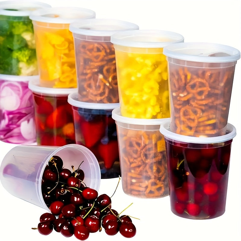 A 10-piece set of 24-ounce plastic food containers with lids that are perfect for freezing, dishwashing, and microwaving. These sealed food storage containers are ideal for storing soups and preparing takeout meals.