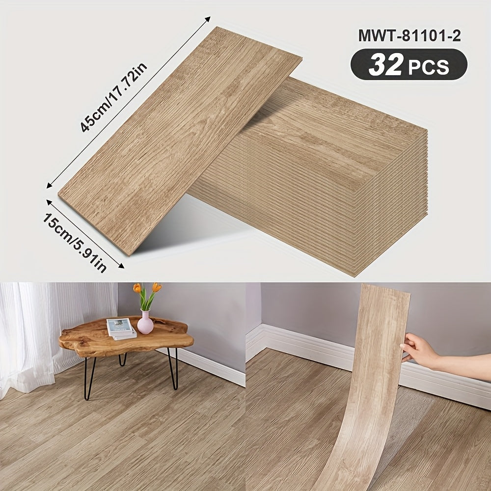 32 peel and paste floor tiles with wood grain design, 45cmx15cm, self-adhesive, waterproof, suitable for bedroom and home decor.