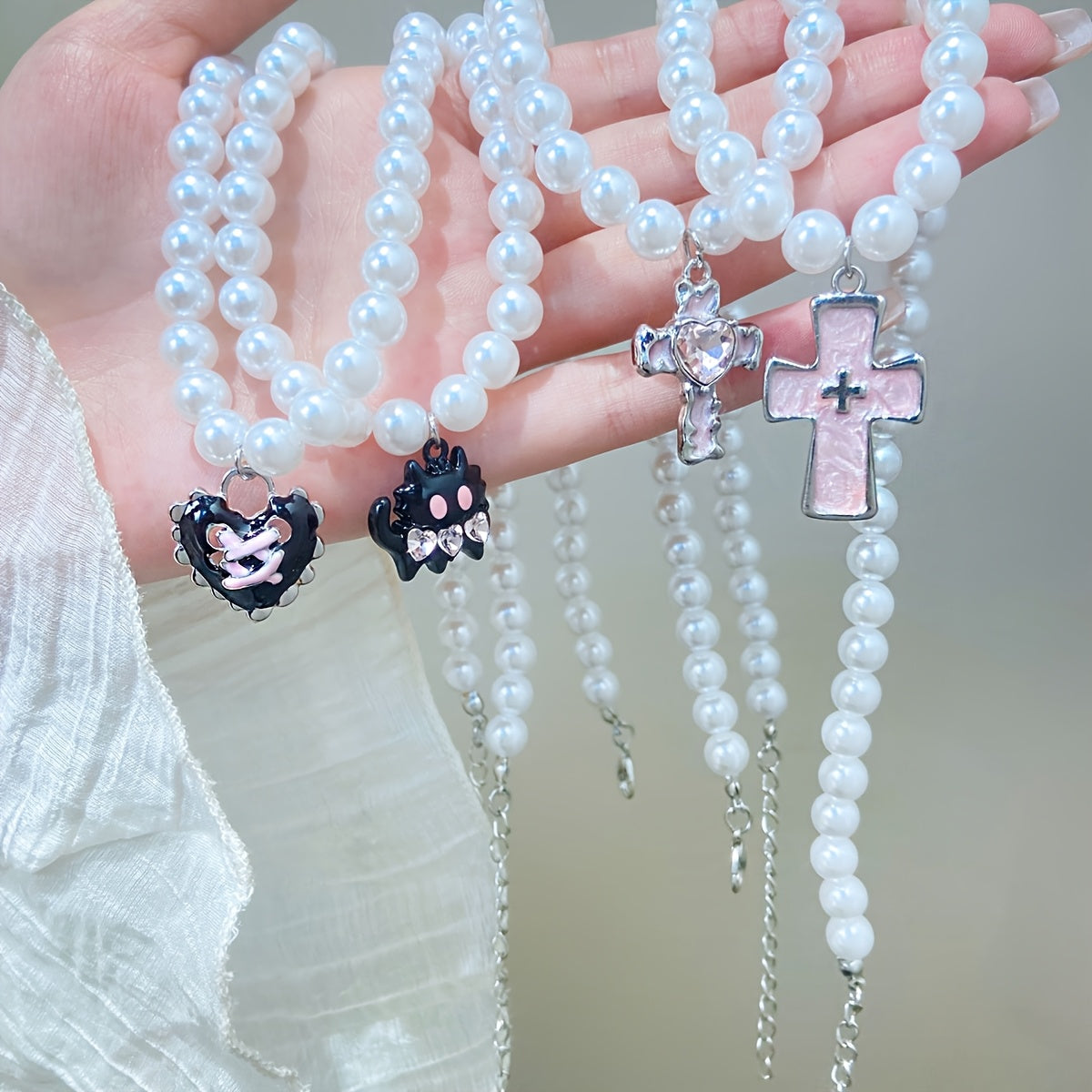 Y2K-Inspired Women's Necklace Set with Faux Pearl, Pink Monster, Heart & Cross Pendants - Includes 4 Pieces for Daily or Party Wear - Ideal Gift for Friends or Girlfriends, Random Style