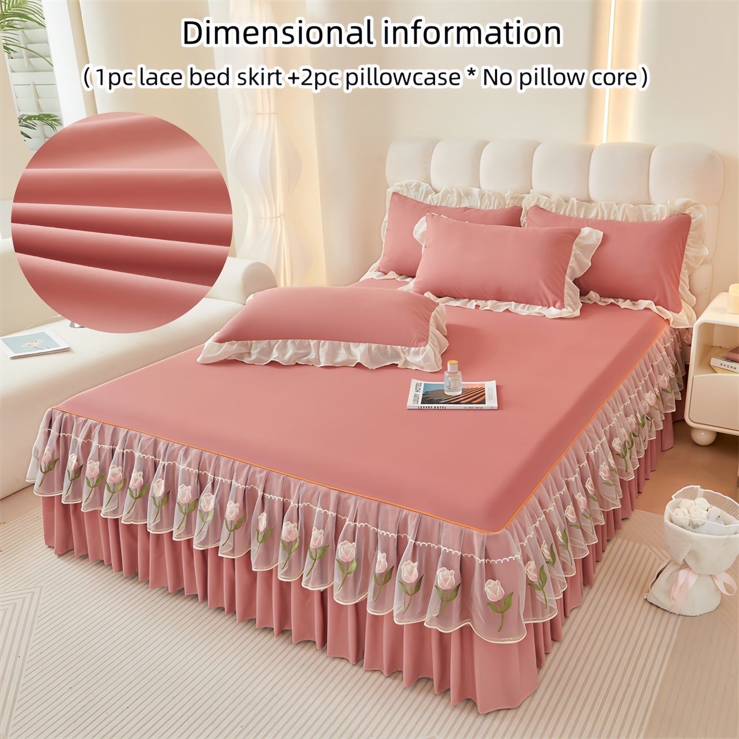 3pcs Luxury Embroidered Bed Skirt Set with Rose Lace Ruffles, 100% Polyester, Includes 1 Lace Bed Skirt and 2 Lotus Leaf Pillowcases. Suitable for Bedroom or Guest Room, Machine Washable.