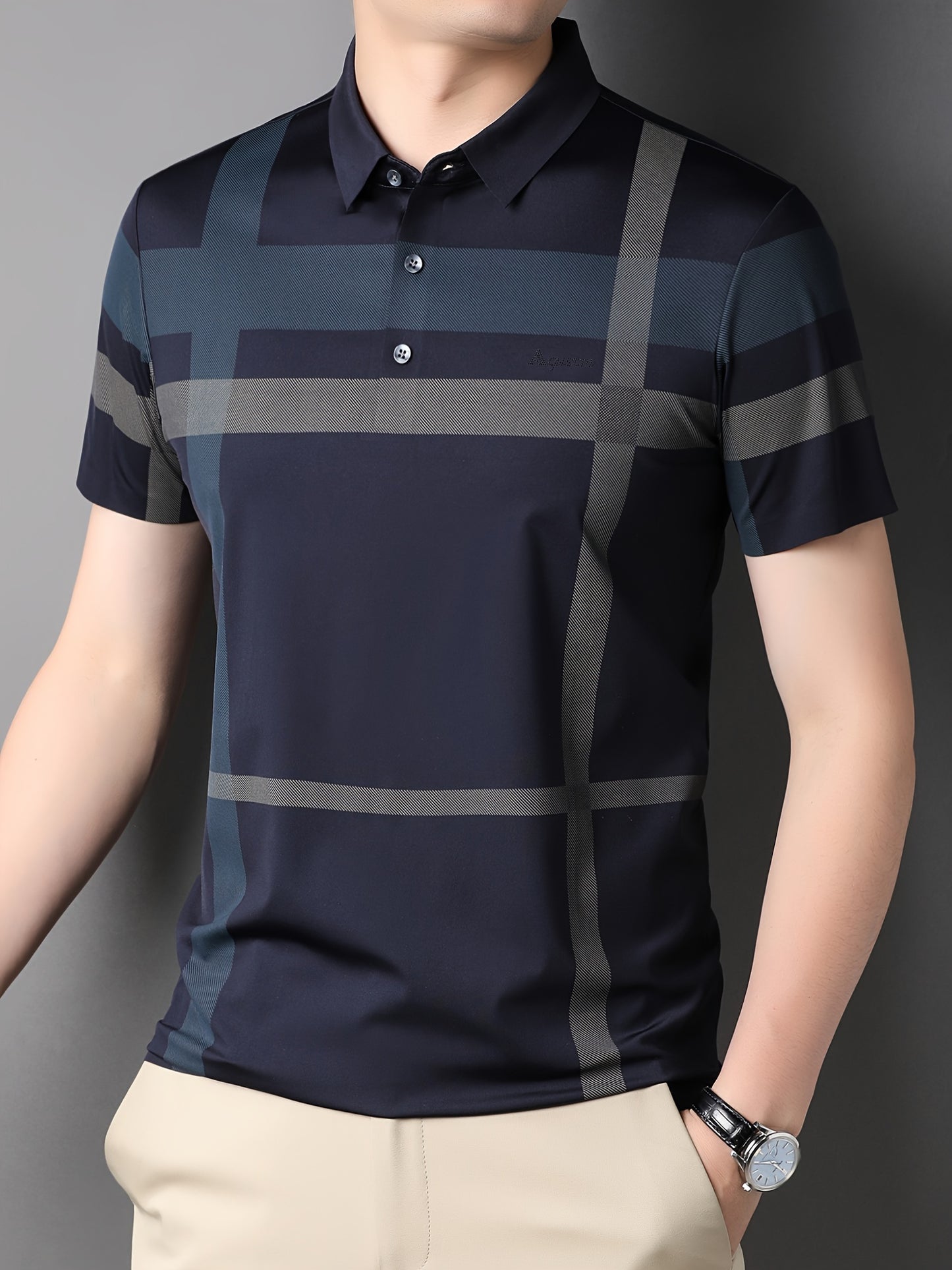 Summer plaid men's shirt with short sleeves, made of nylon blend stretch fabric that is not transparent.