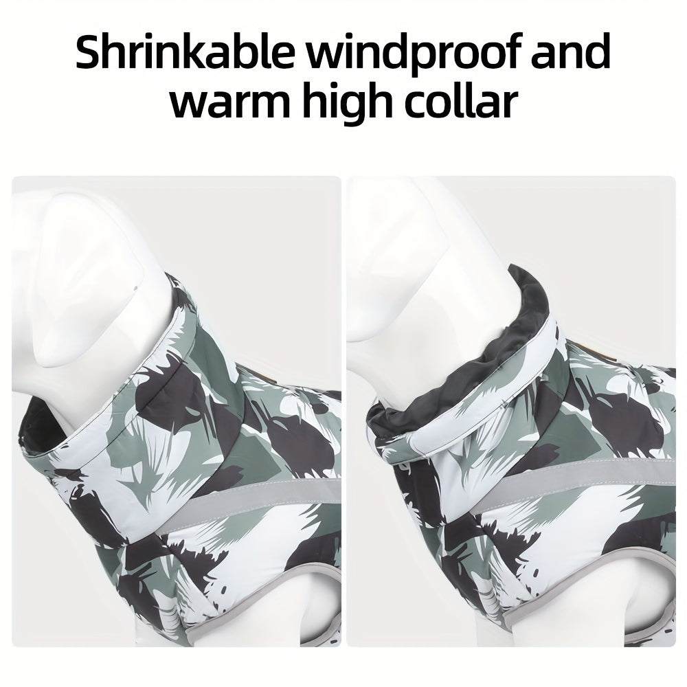 Windproof and waterproof dog jacket with reflective strips for all breed sizes, perfect for outdoor activities.