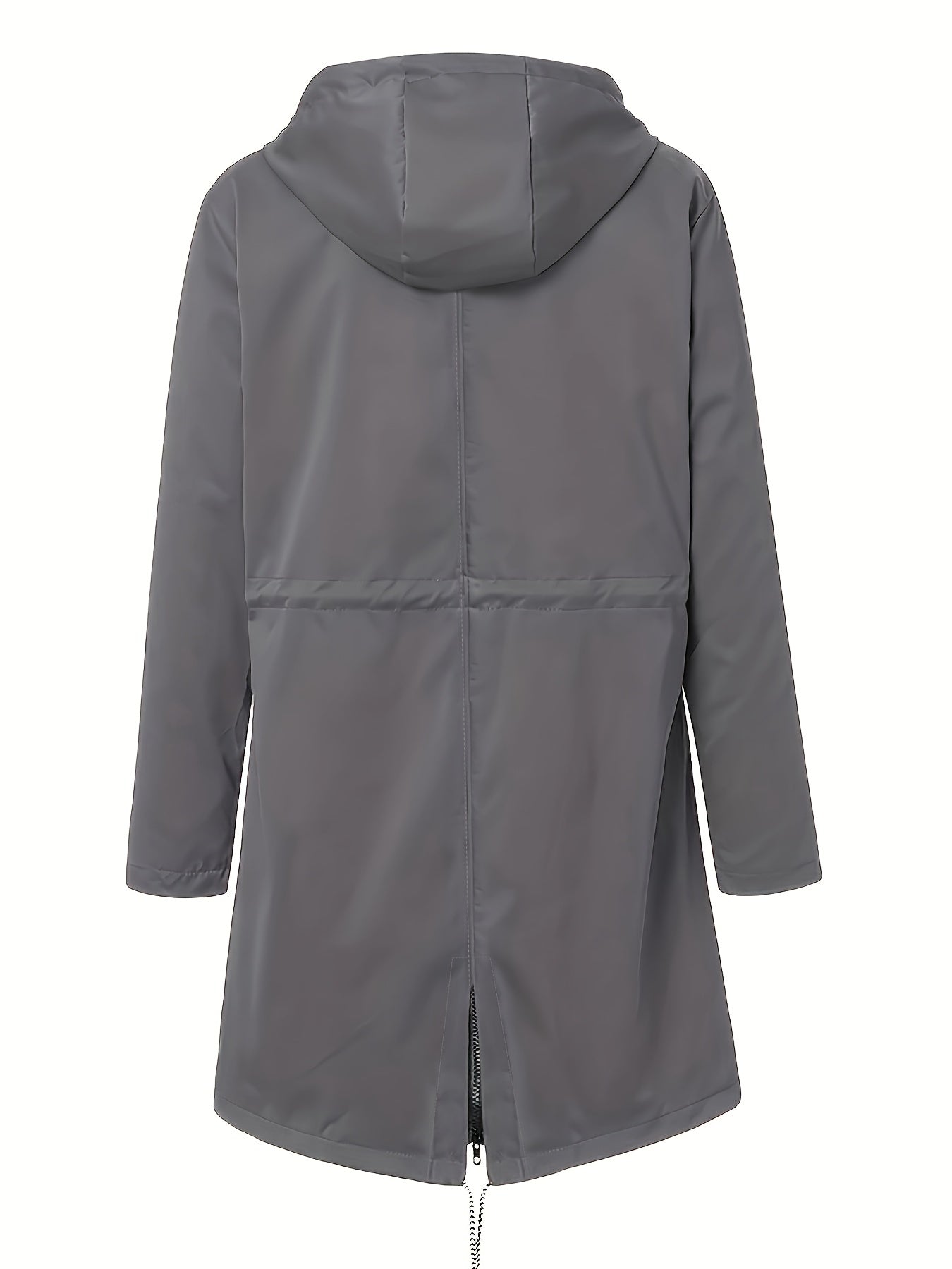 Winter trench coat for plus sizes made of 100% polyester with a non-stretch solid color fabric. Features a drawstring detail and a long length.