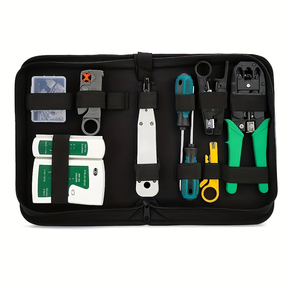 11-in-1 portable network tool kit for Cat5, Cat5e, and Cat6 cables, including Ethernet cable crimper, connectors, cable tester, and punch down tool.