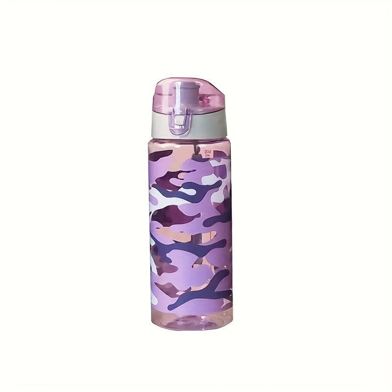 Camouflage sports water bottle, 600ml capacity, ideal for camping, hiking, fitness, and outdoor activities. Suitable as a birthday gift for travel enthusiasts.