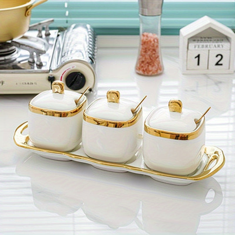 3-Piece Porcelain Condiment Jar Set with Lids - Includes Sugar Bowl, Spice Jar, and Seasoning Box - Perfect for Organizing Your Kitchen Counter