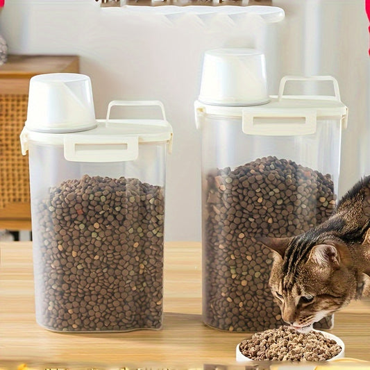 Pet food storage container with moisture-proof vacuum seal, measuring cup, and handle.