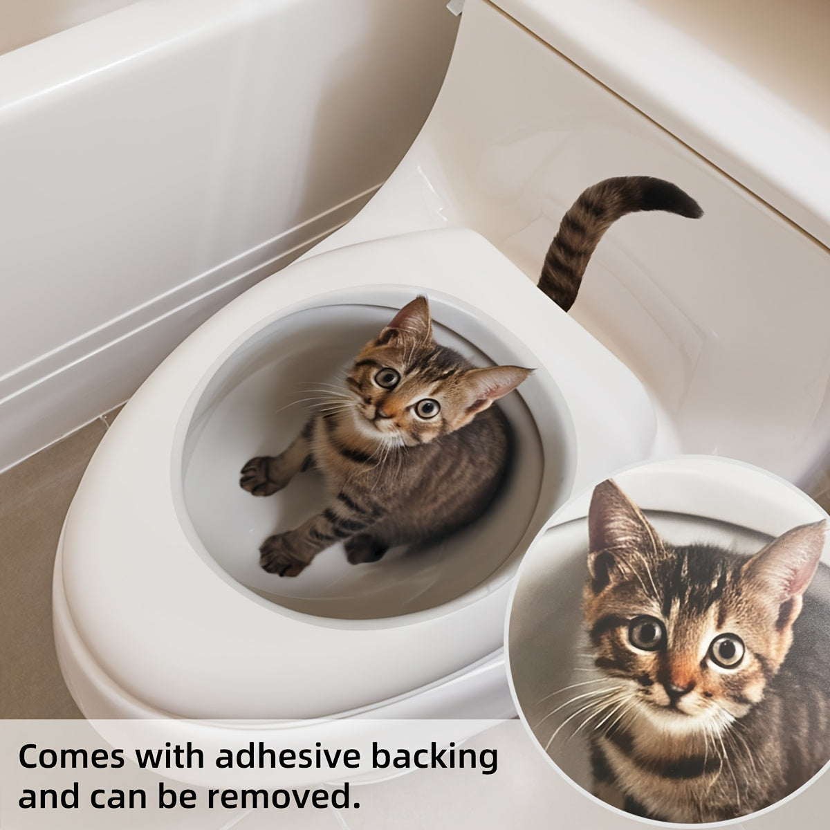 3D cat toilet lid decal with animal print, self-adhesive PVC, plastic surface, for bathroom decoration.