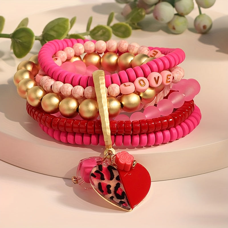 An elegant Bohemian pink Valentine's Day bracelet adorned with layers of beads, ideal for women's fashion wear on any occasion, be it everyday or festive.