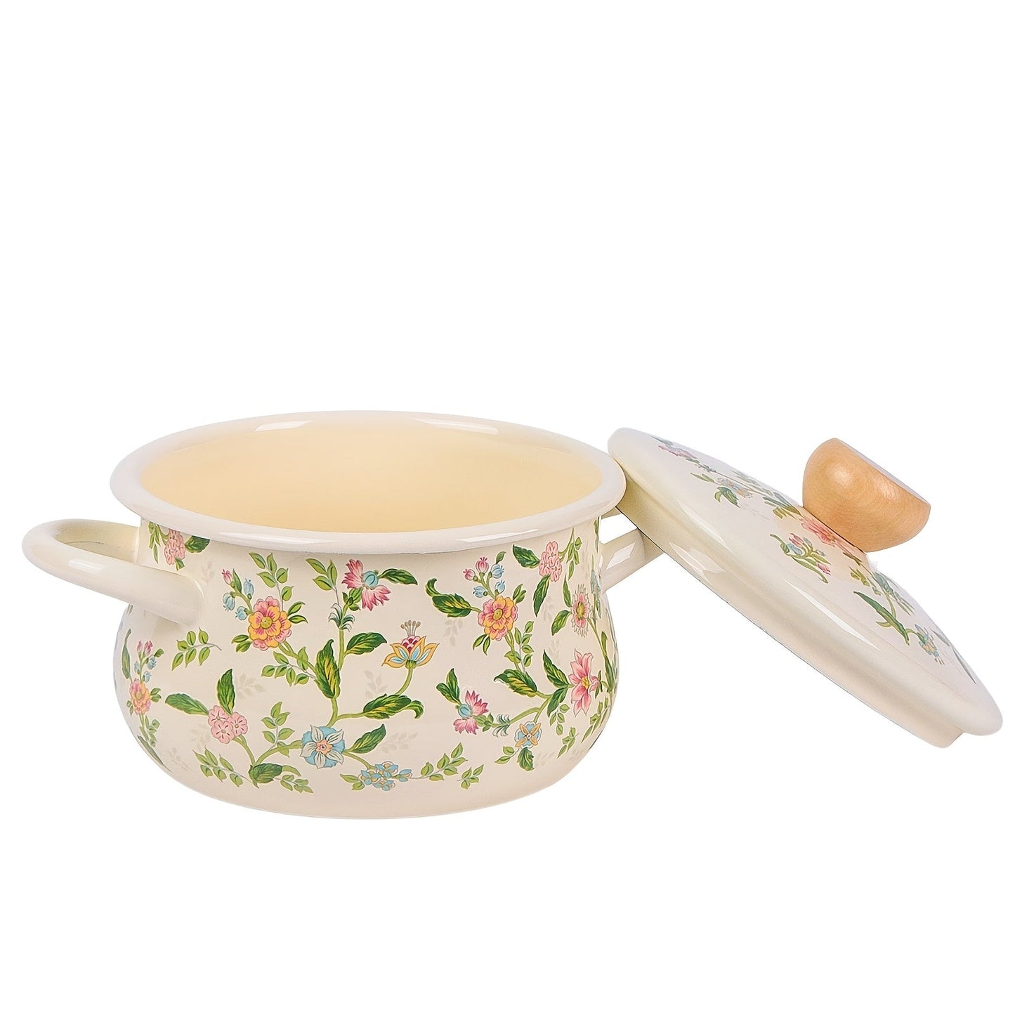 Floral Soup Pot with Enamel Finish and Rolled Edges - Perfect for both Open Fire and Induction Cooktops, Ideal for a Fresh Cooking Adventure